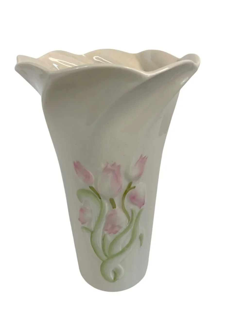 Belleek Ireland 8” Porcelain Floral Vase Pink Tulips Embossed Twisted Rim EUC